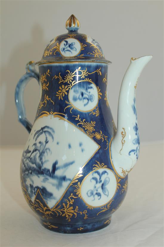 A Worcester powder blue ground coffee pot and cover, c.1760-70, 23cm, damaged